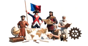 A imagem mostra um grupo de figuras históricas de diferentes eras e profissões reunidas ao redor de um grande mapa do mundo. As figuras incluem um soldado segurando uma bandeira, uma pessoa em traje antigo segurando um globo, uma pessoa em traje medieval segurando um pergaminho, uma pessoa em traje clássico lendo um livro, e outra pessoa em traje clássico apontando para o mapa. Existem também vários objetos, como um globo, um livro grande, um capacete, uma pena e uma roda dentada. A imagem parece representar a colaboração e as contribuições de diferentes civilizações e profissões para a compreensão e exploração do mundo.
