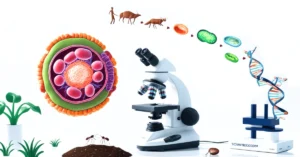 A imagem apresenta elementos visuais relacionados à biologia e à microscopia. Há uma ilustração detalhada de uma célula com várias organelas visíveis, incluindo o núcleo, as mitocôndrias e outras estruturas celulares. No centro da imagem, há um microscópio em destaque. À direita do microscópio, há um modelo de dupla hélice de DNA. Acima do microscópio, há uma sequência que mostra a evolução dos organismos, começando com uma figura humana, seguida por vários animais, e depois transitando para estruturas celulares como uma hemácia, uma bactéria verde e outros micro-organismos. No canto inferior esquerdo, há plantas em vasos.