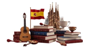 A imagem contém vários elementos representativos da cultura e do patrimônio espanhol. Há uma bandeira espanhola com o brasão nacional, um violão clássico, um modelo da Sagrada Família (uma famosa basílica em Barcelona), uma pilha de livros, uma maraca, um pequeno instrumento de cordas (possivelmente uma bandurra) e duas xícaras ornamentadas. Os livros estão empilhados de várias maneiras, e o violão está apoiado em uma das pilhas. A maraca e o pequeno instrumento de cordas estão posicionados à frente dos livros.