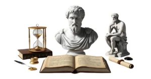 A imagem contém vários objetos dispostos juntos. No centro, há um busto de uma figura clássica. À direita, uma estátua de um pensador sentado. À esquerda, uma ampulheta ao lado de um conjunto de livros empilhados. No meio, um livro aberto com texto, uma pena com um tinteiro e um pergaminho enrolado. Os objetos parecem estar relacionados a estudos clássicos ou filosofia, sugerindo um tema de conhecimento, sabedoria e a passagem do tempo.