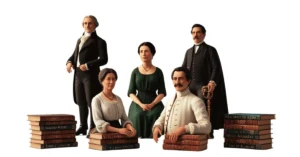 A imagem mostra quatro figuras históricas brasileiras, cada uma segurando ou acompanhada por pilhas de livros. As figuras estão vestidas com roupas de época, sugerindo que são literatos brasileiros renomados. Entre os livros visíveis, há títulos que fazem referência a autores famosos como Clarice Lispector, Jorge Amado e José de Alencar. Cada livro tem uma capa distinta com o nome e a imagem do autor correspondente.