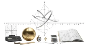 A imagem apresenta diversas ferramentas matemáticas e científicas dispostas de maneira visualmente atraente. O foco central é uma estrutura geométrica 3D com anéis que se cruzam e eixos rotulados com coordenadas x, y e z. Abaixo dessa estrutura há uma linha numérica que vai de -8 a 8, rotulada com x e x'. À esquerda, há uma calculadora gráfica exibindo um gráfico de parábola na tela, uma esfera dourada dividida em segmentos, uma régua e um transferidor. No centro, há um cronômetro, uma pequena pirâmide e um lápis. À direita, há uma calculadora científica e um caderno aberto com equações matemáticas e gráficos. Essa imagem destaca diversas ferramentas e conceitos utilizados na matemática e na ciência, enfatizando a importância dessas disciplinas para a compreensão e análise do mundo.