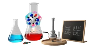 A imagem mostra um conjunto de equipamentos de laboratório de química. À esquerda, há um frasco de Erlenmeyer contendo um líquido azul. No centro, há um frasco maior com um líquido vermelho e a fórmula química H₂O escrita nele. Acima deste frasco, há um modelo molecular colorido. À direita, há um bico de Bunsen sobre uma base de madeira, um pequeno frasco vazio e uma lousa com fórmulas químicas escritas. Há também algumas cápsulas coloridas na frente dos frascos. A lousa ao fundo está coberta com várias fórmulas químicas complexas. Esta imagem representa um ambiente de laboratório de química, com várias ferramentas e materiais usados em experimentos científicos.