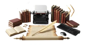 A imagem mostra uma coleção de objetos relacionados à escrita e leitura. No centro, há uma máquina de escrever preta com uma folha de papel inserida. À esquerda, há uma pilha de livros fechados e um livro aberto. À direita da máquina de escrever, há mais livros empilhados e um teclado de computador com um mouse ao lado. Na frente da máquina de escrever, há um pergaminho envelhecido com texto escrito e uma pena dourada sobre ele. Abaixo do pergaminho, há um rolo de pergaminho com uma ponta decorativa dourada. A imagem é interessante porque combina elementos antigos e modernos de escrita, mostrando a evolução das ferramentas de escrita ao longo do tempo.