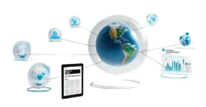 Imagem de um globo terrestre central com várias conexões a ícones e elementos ao redor, incluindo ícones de pessoas, um coração, gráficos de barras e um tablet com um jornal digital, representando a interconectividade global e a troca de informações.