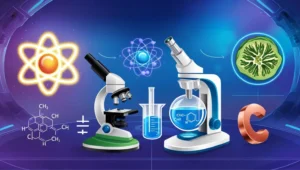 A imagem mostra uma ilustração científica com vários elementos relacionados à física, química e biologia. No centro, há dois microscópios, um tradicional e outro eletrônico, com uma lâmina e um frasco de laboratório contendo um líquido azul. À esquerda, há um diagrama de um átomo com um núcleo vermelho e órbitas amarelas, além de uma fórmula química complexa com várias ligações de carbono e hidrogênio (CH2, CH, CH3, H). À direita, há uma representação de uma célula vegetal em corte transversal e uma letra "C" em 3D, que pode representar o elemento carbono.