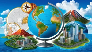 A imagem mostra um globo terrestre em destaque, com os continentes claramente visíveis. Ao redor do globo, há diversos elementos relacionados à geografia e cartografia, incluindo um mapa-múndi, uma bússola, um vulcão em erupção, uma cidade moderna com arranha-céus e estradas, e uma montanha. O fundo é composto por um céu azul com nuvens brancas.