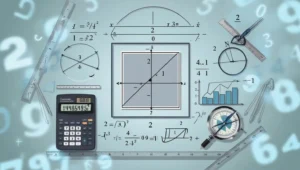 Uma imagem que apresenta vários elementos matemáticos e geométricos. Há réguas, um transferidor, um compasso, uma calculadora exibindo o número 144854951 e várias equações e diagramas matemáticos. O fundo está cheio de números flutuantes. A parte central da imagem inclui um quadrado com uma linha diagonal, um círculo com ângulos marcados e um gráfico de barras.
