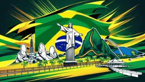A imagem mostra uma ilustração vibrante e colorida de vários marcos icônicos do Brasil. No centro, há uma grande representação do Cristo Redentor, com os braços abertos, em frente a uma bandeira estilizada do Brasil. À esquerda, há uma ilustração do Pão de Açúcar e do Monumento aos Pracinhas. À direita, há uma representação do Morro Dois Irmãos e da Ponte Rio-Niterói.